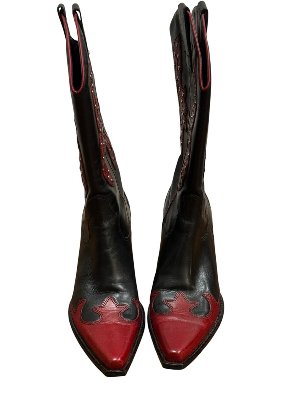 BCBG Girls Y2K Western Cowboy Boots 7 Black Red Embroidered Studded Cowgirl